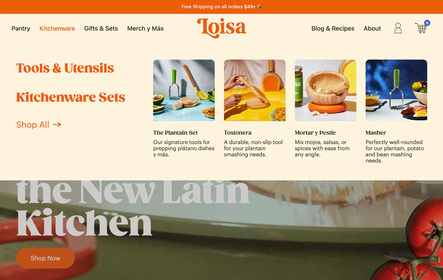 Loisa kitchenware navigation of colorful kitchen tools for preparing plantains and other dishes.