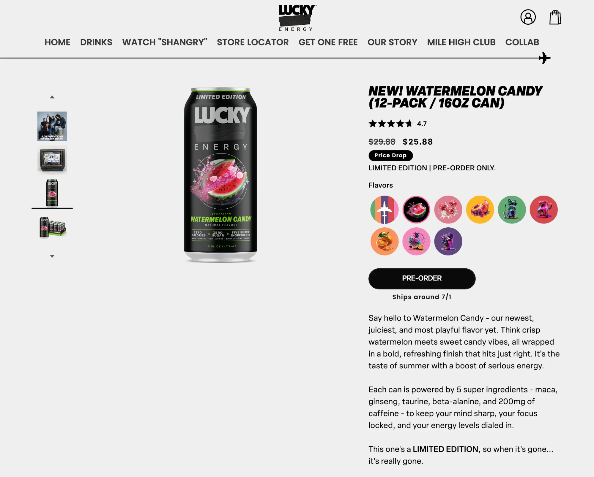 Lucky Energy PDP for new watermelon candy flavor with multiple images and descriptive copy.