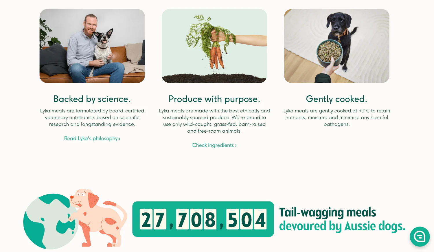 Lyka features page shows science-backed, fresh, gently cooked meals with meal count displayed.