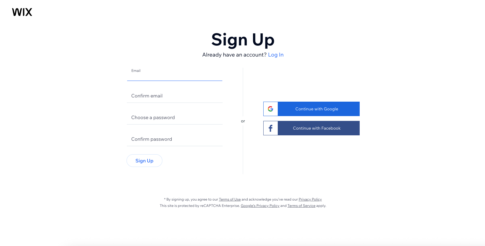 A screenshot of the Wix sing up page, a white background with writing and a Google and Facebook login option button