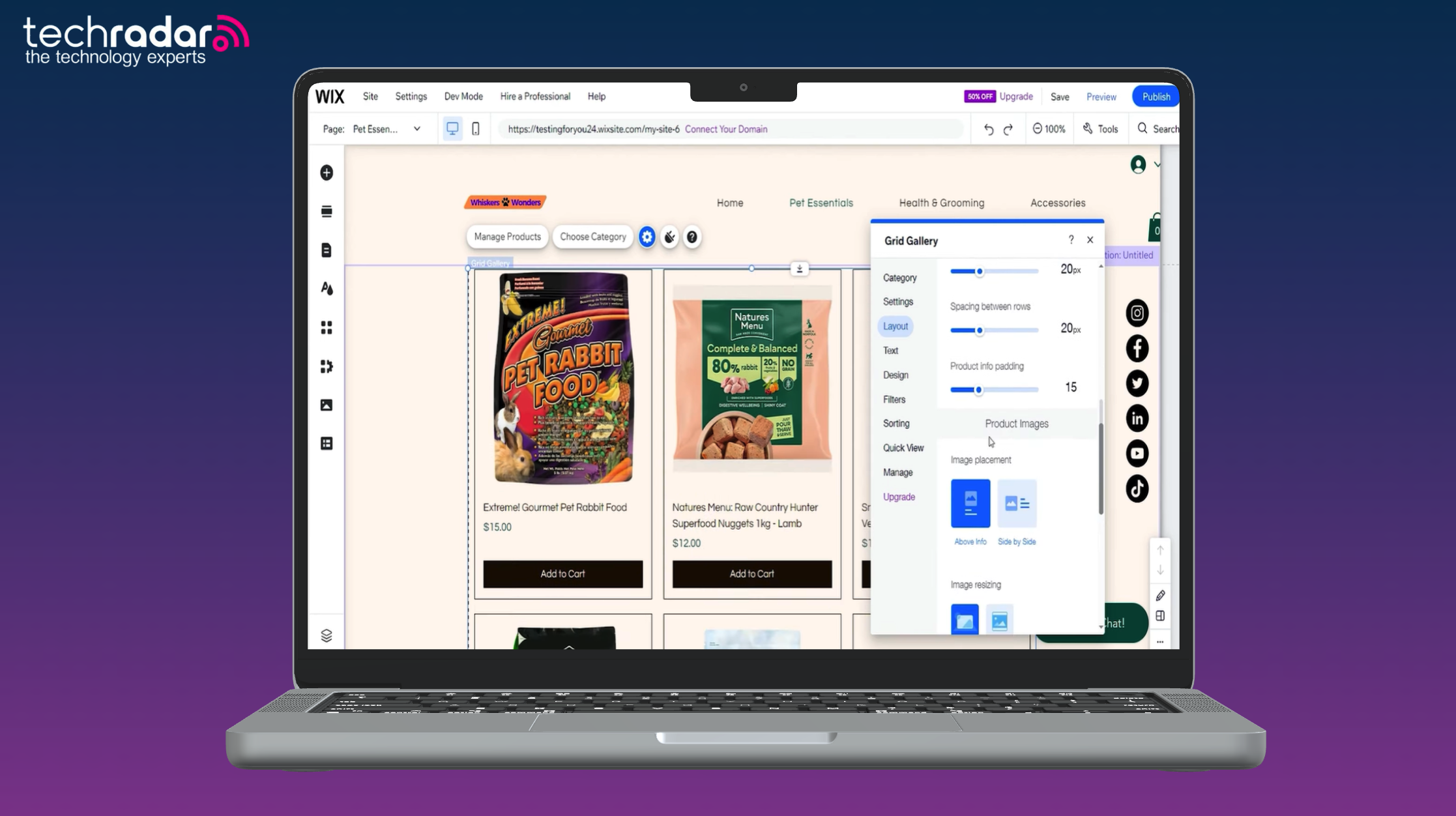 An image of a macbook on a purple background, the Wix website builder is being used on mac