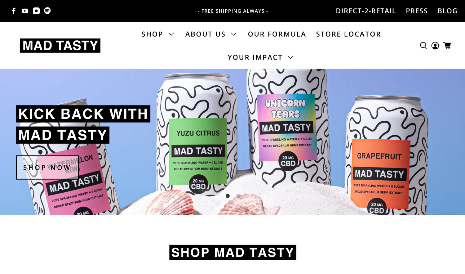 Mad Tasty homepage with sparkling water cans on a beach with shells next to text that reads, “Kick back with Mad Tasty.”