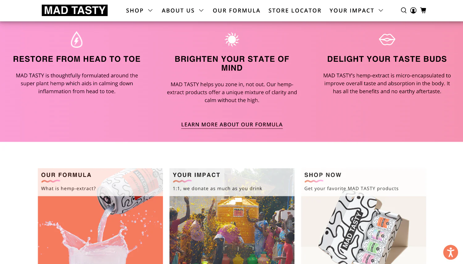 Mad Tasty brand story section highlighting hemp-extract benefits with a bright, pink-toned layout.