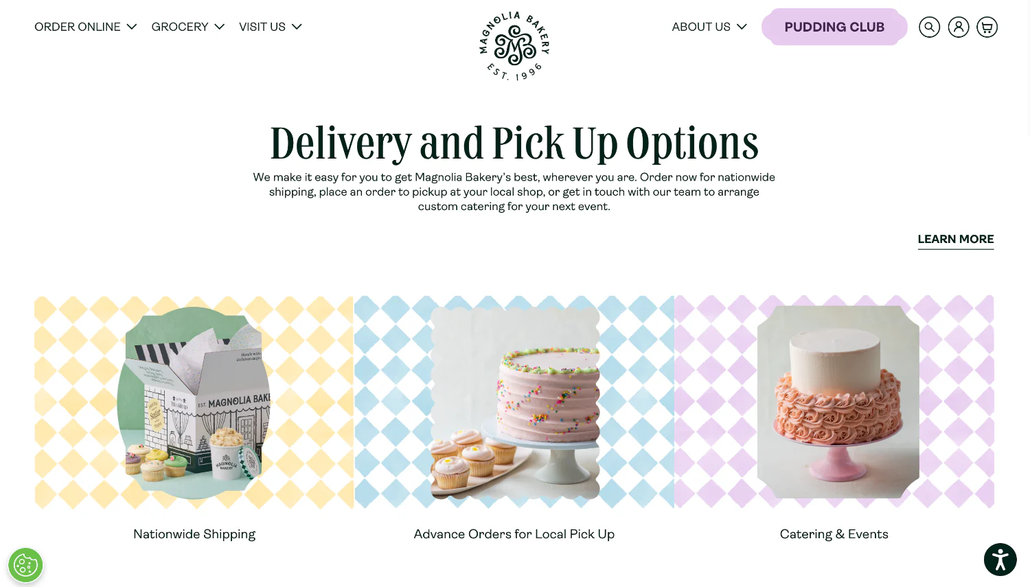 Magnolia Bakery webpage showcasing delivery, local pickup, and catering option.