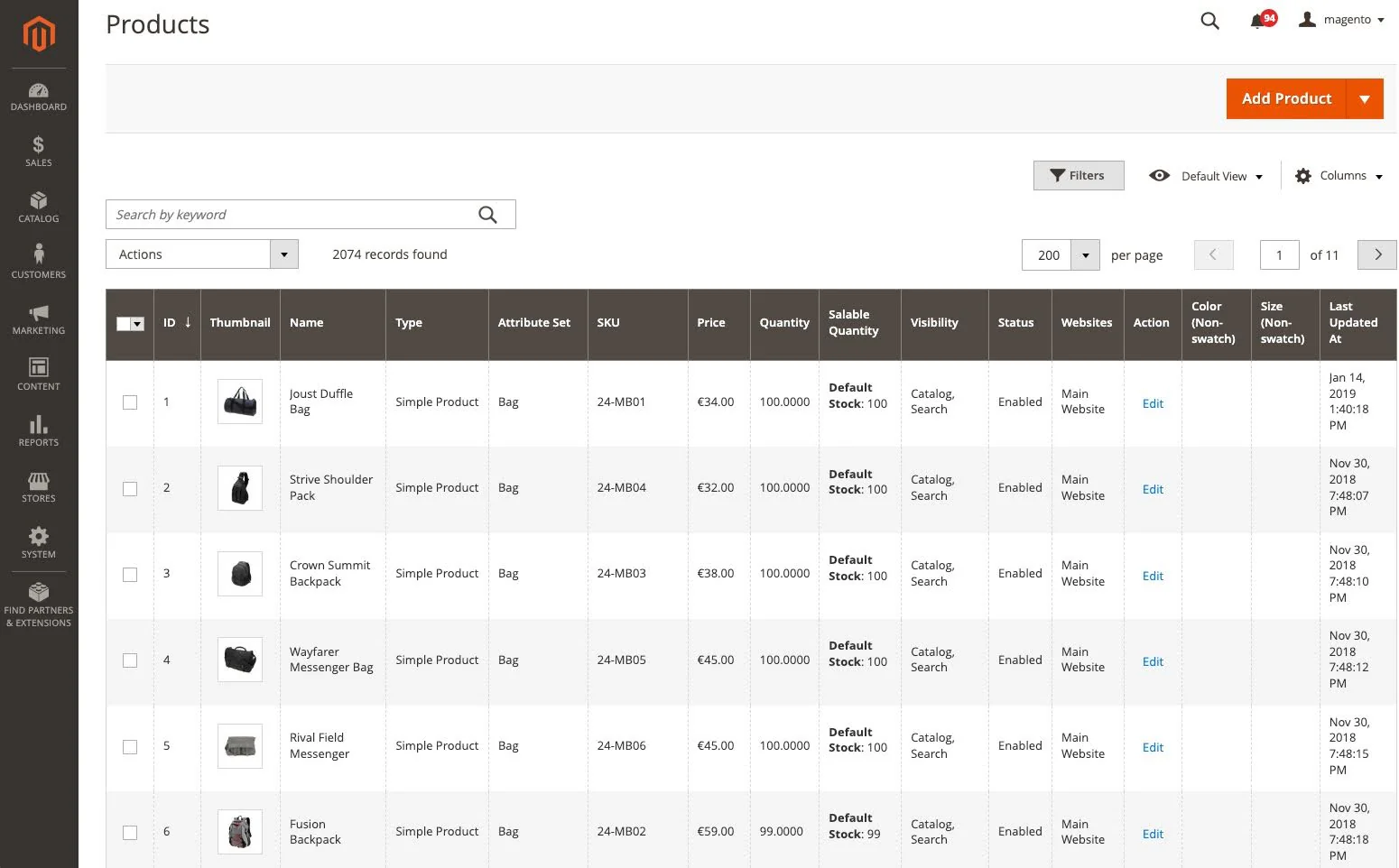 A screenshot of Magento's product management interface.