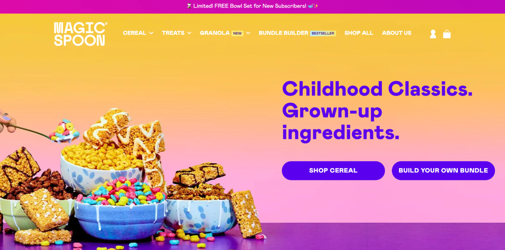 Magic Spoon’s homepage with open packets of cereal spilling onto an orange background.