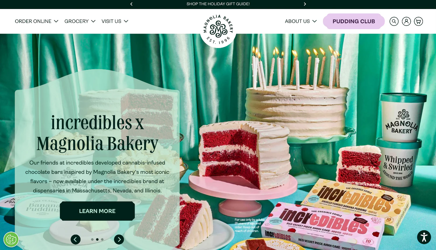 Magnolia Bakery page with red velvet cakes, pudding, & Incredibles chocolate bars.
