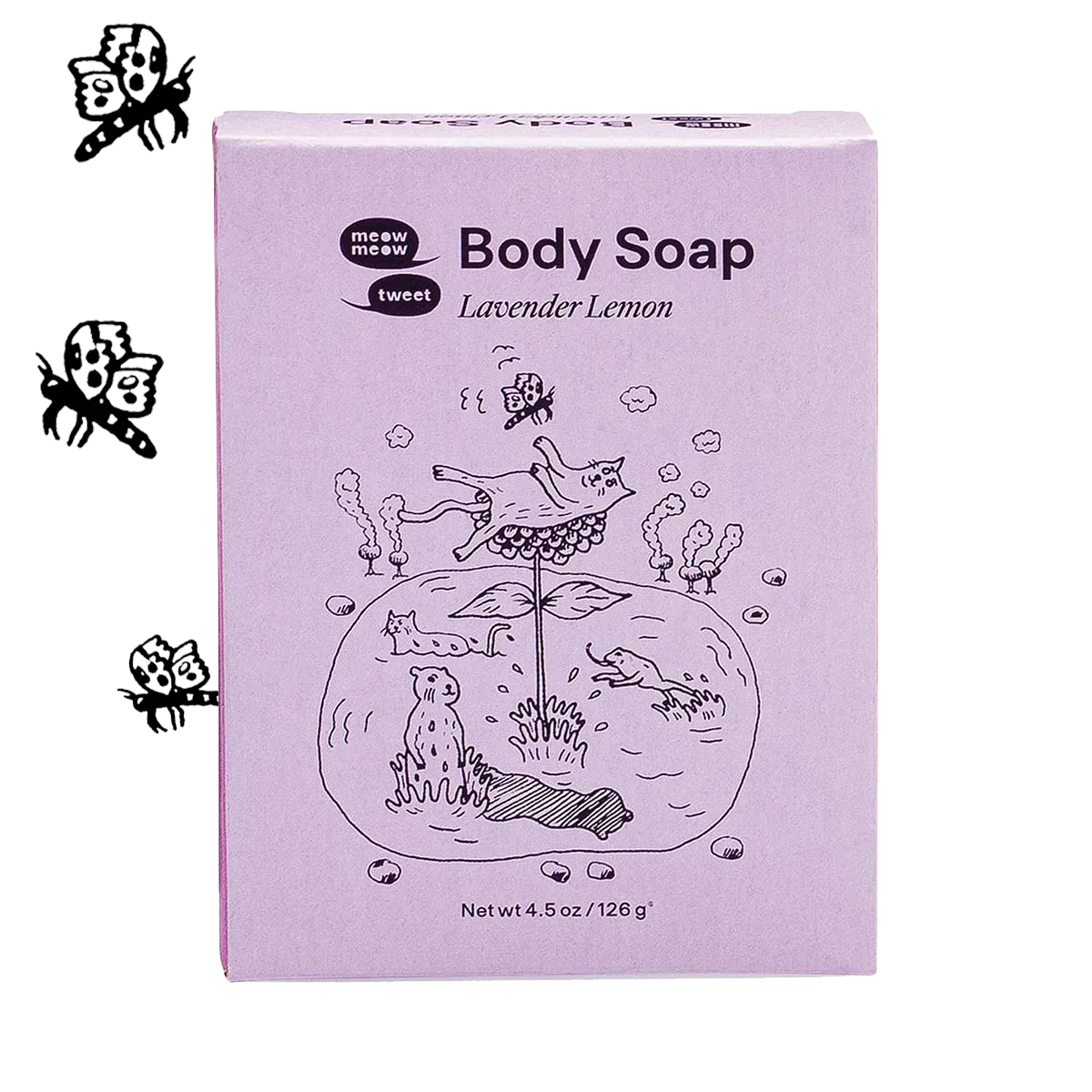 Meow meow tweet's lavender lemon body scrub complete with a whimsical drawing of cats, squirrels, and frogs frolicking in a pond. Drawings of butterflies surround the product photo.
