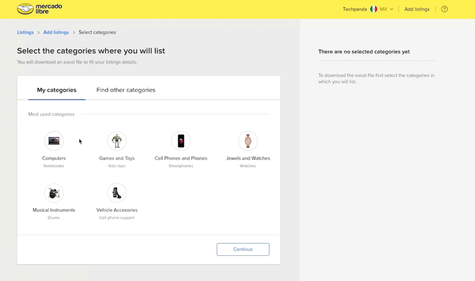 A back end listings page for Mercado Libre, with categories like computers, games, toys, and mobile phones.