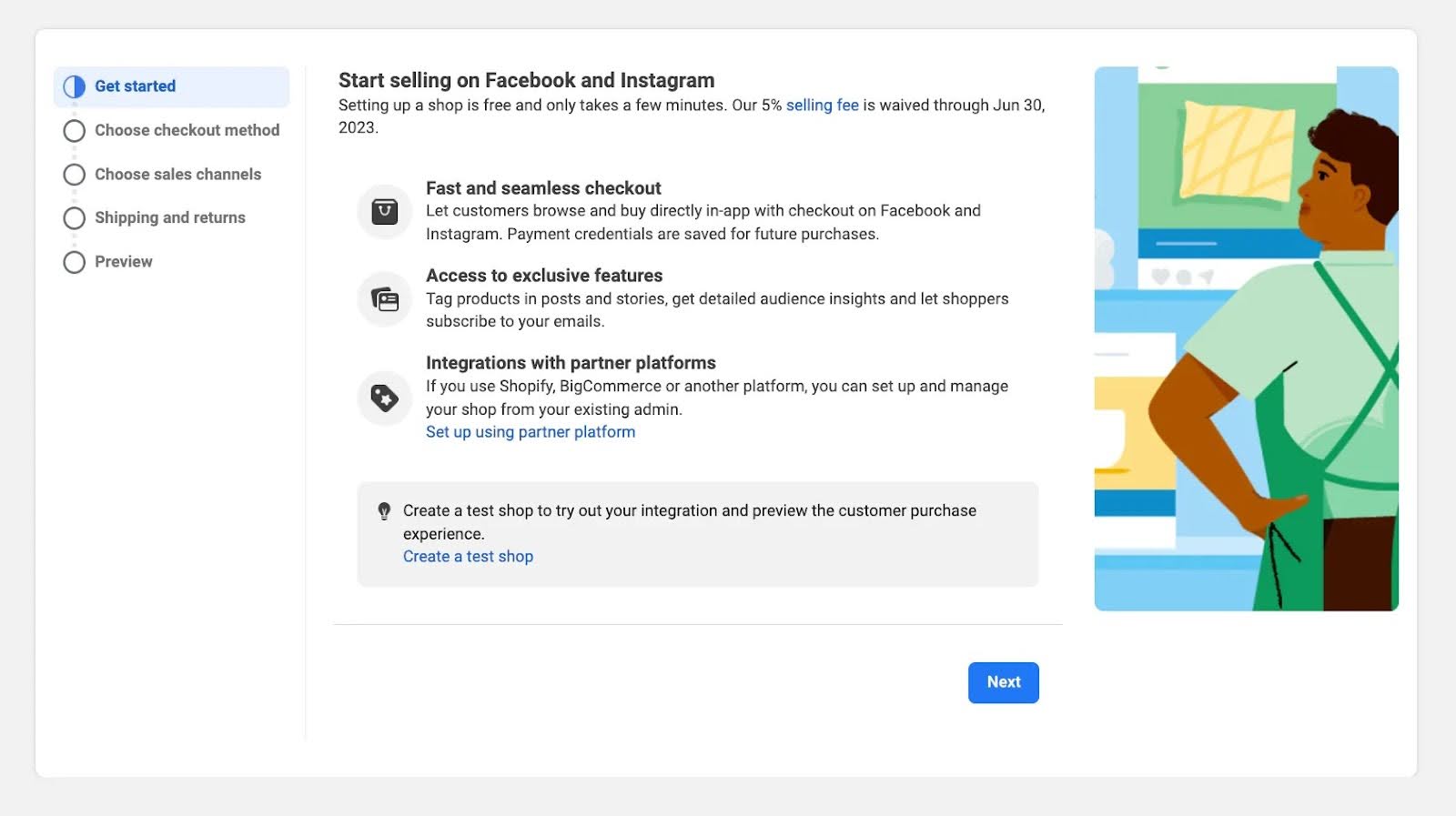A Facebook page detailing the benefits of selling on Facebook and Instagram.