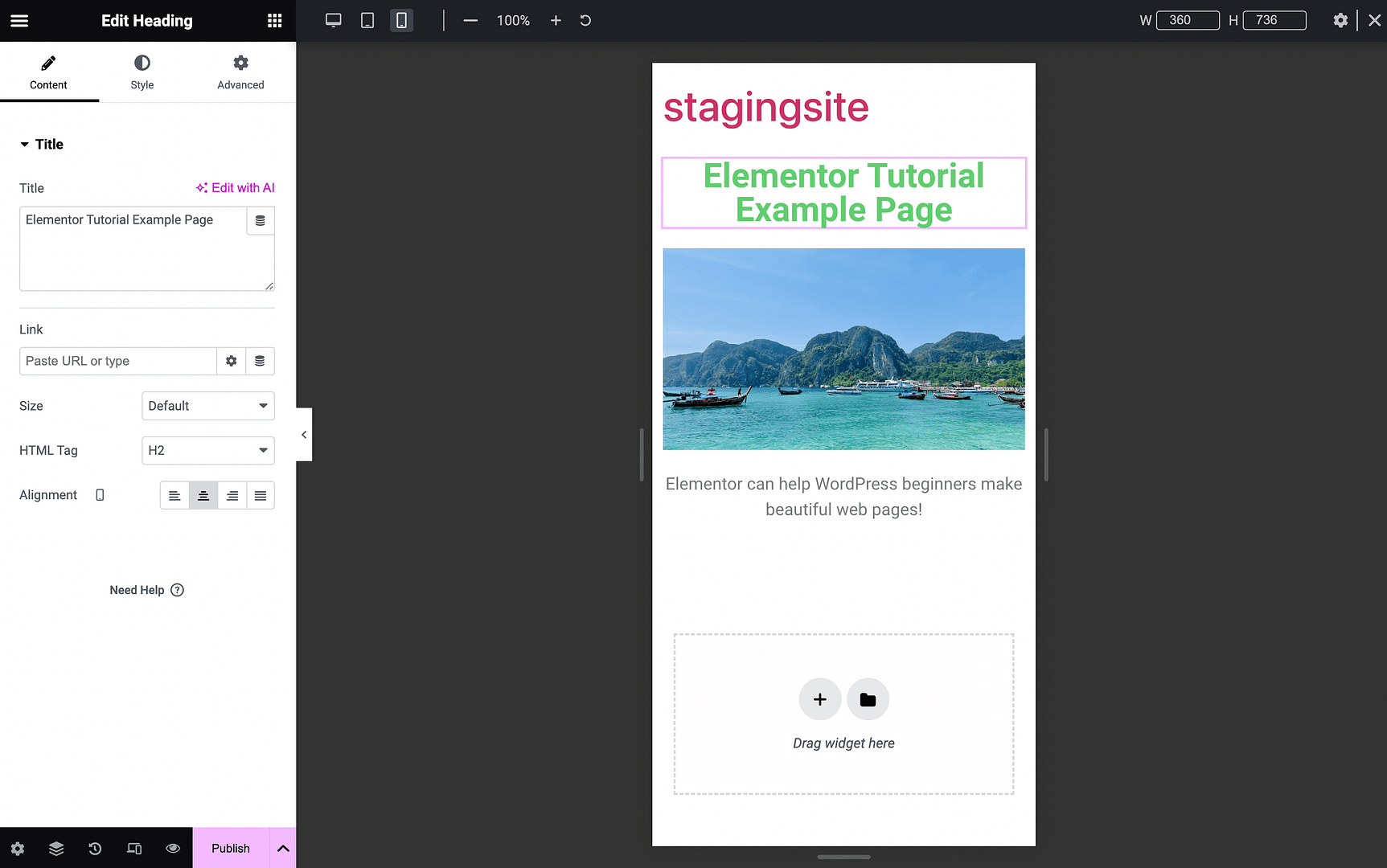 Elementor mobile device view.