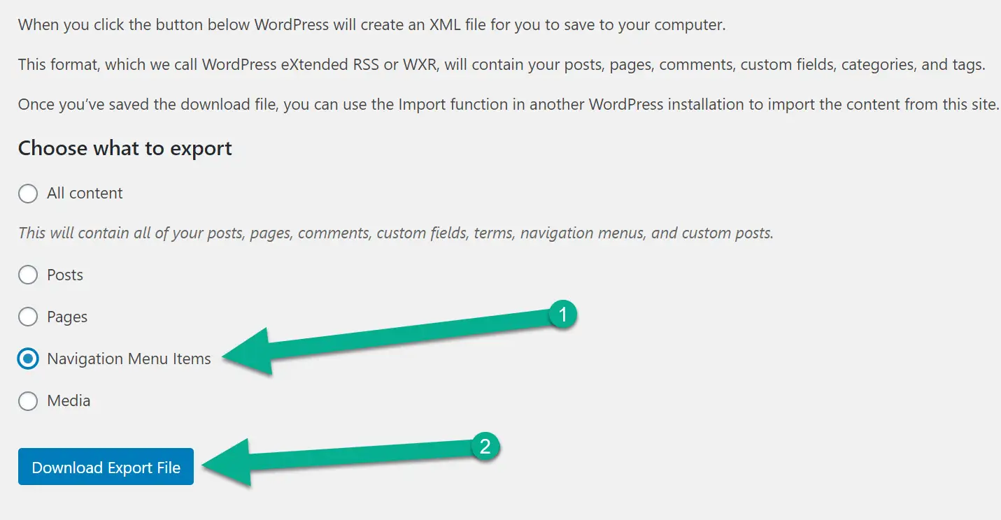navigational menu items checkbox 