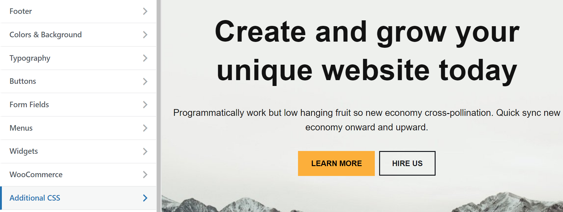 The Additional CSS tab in the WordPress Customizer.