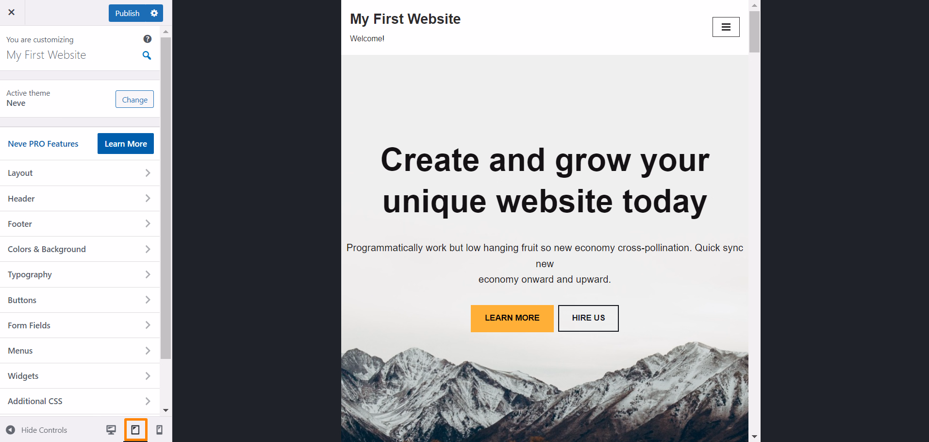 Viewing the WordPress Tablet Preview