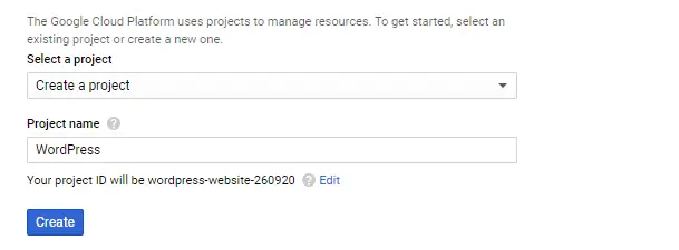 Selecting a name for your new project.