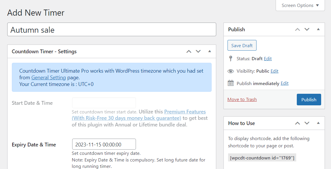 Creating a new WordPress countdown timer.