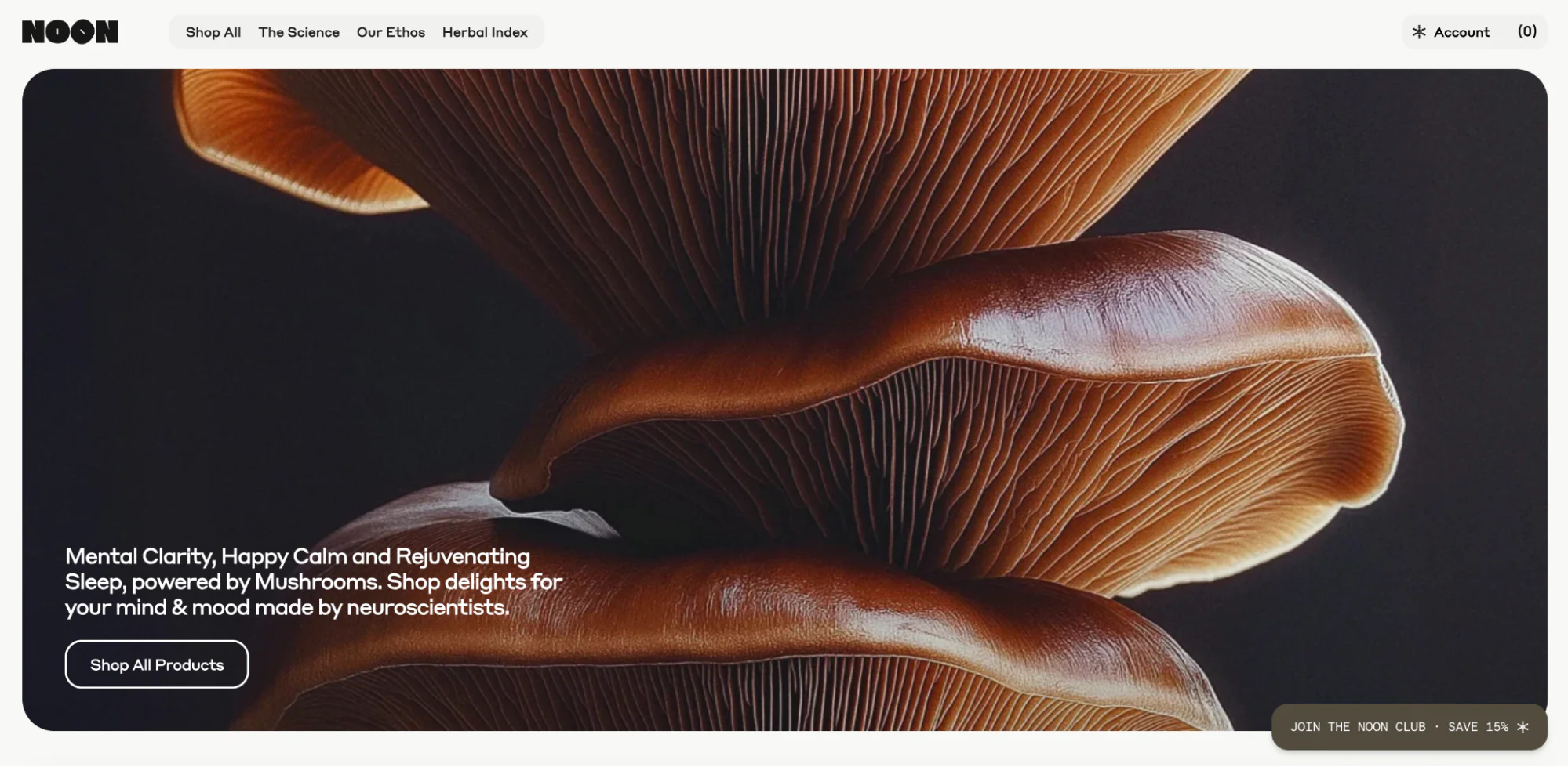 Noon’s website features a black background with a close-up shot of a mushroom.