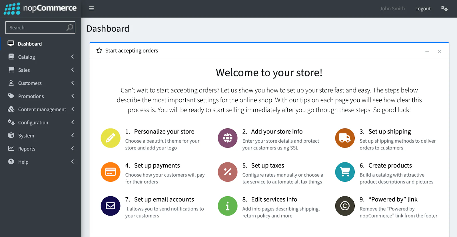 A screenshot of nopCommerce's demo store dashboard.