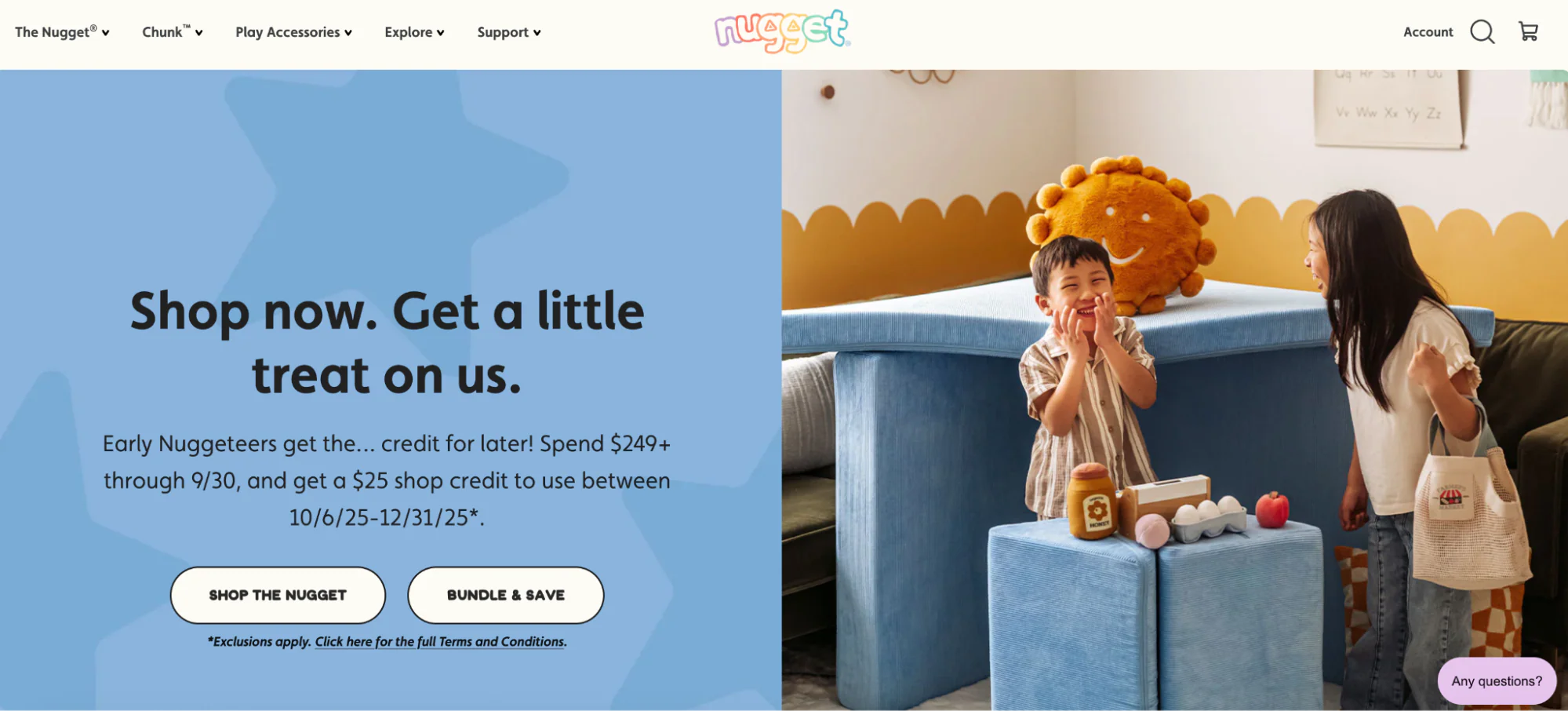 Nugget’s homepage featuring two children playing with the brand’s blocks.