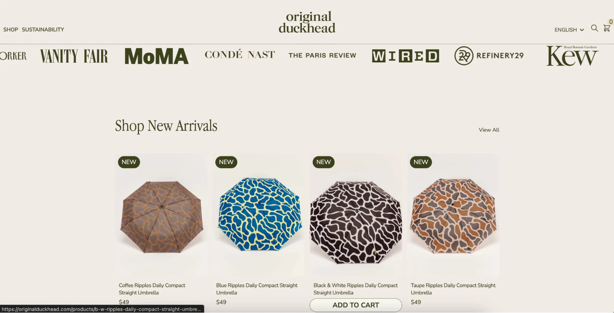 Original Duckhead new arrivals featuring four ripple-patterned compact umbrellas in various colors.