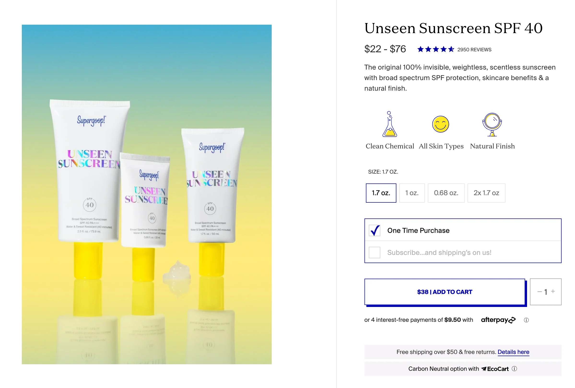 Product page on the Supergoop ecommerce website
