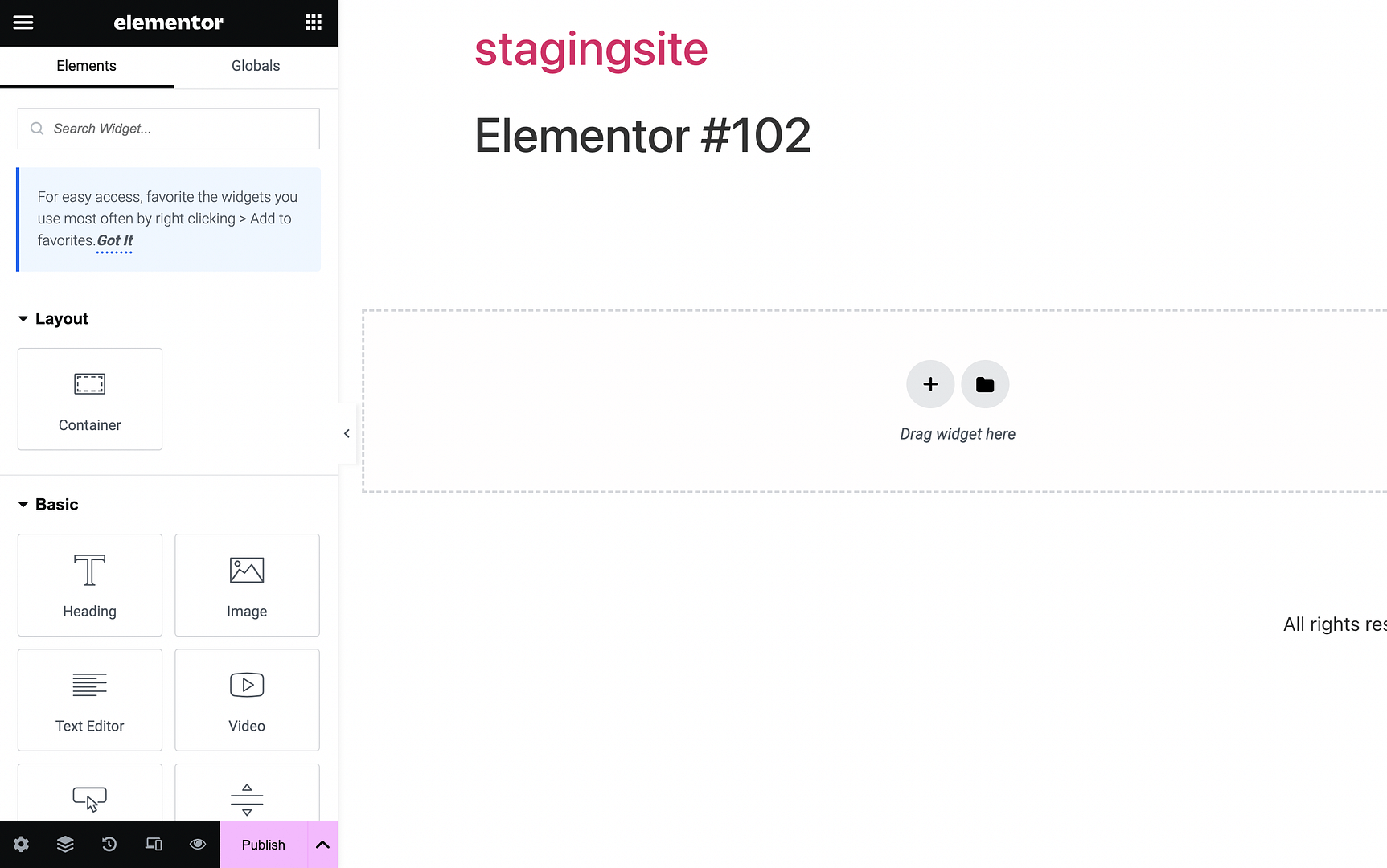 The Elementor page buider editor screen.