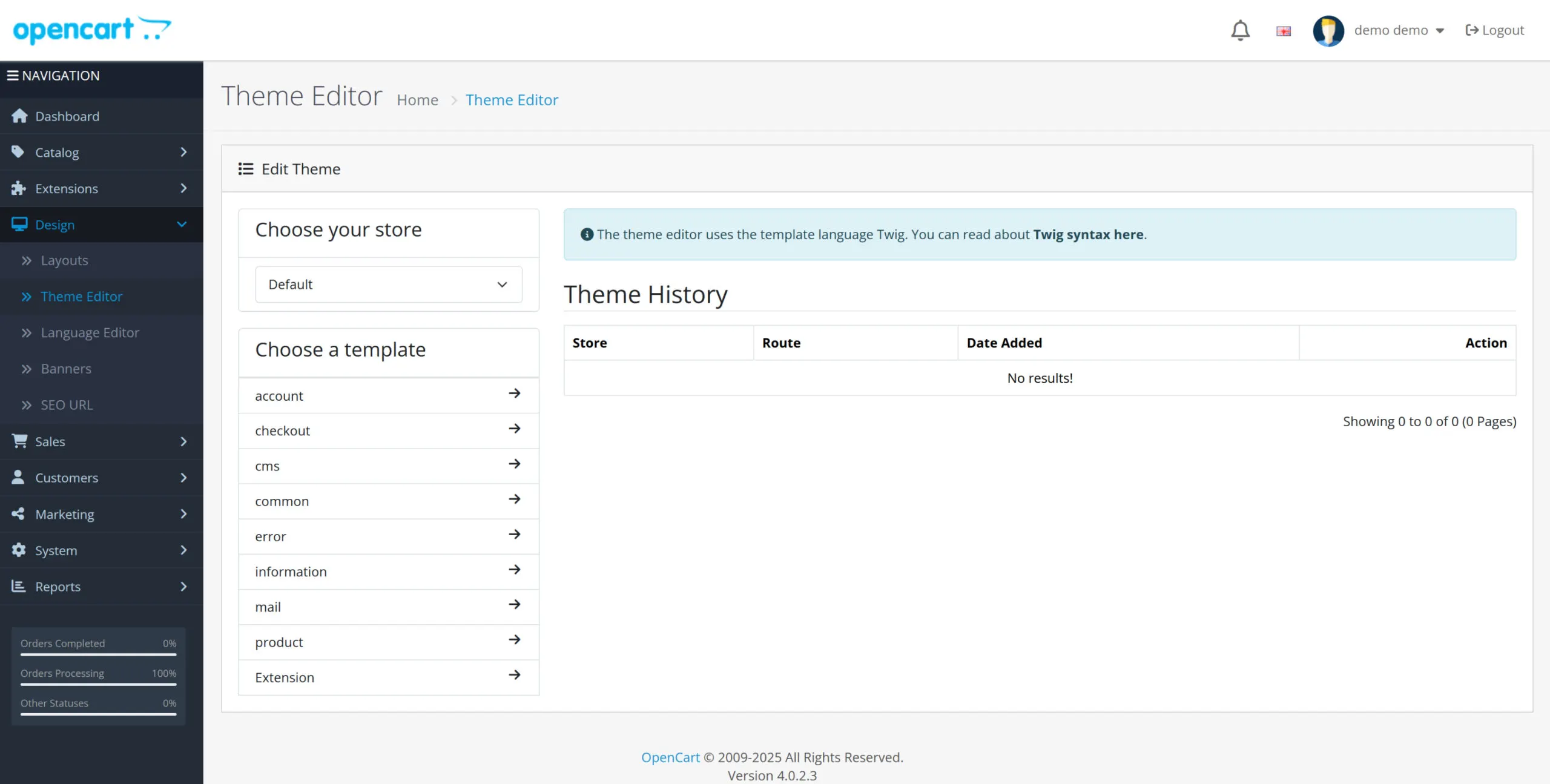 Screenshot of OpenCart’s theme editing dashboard.