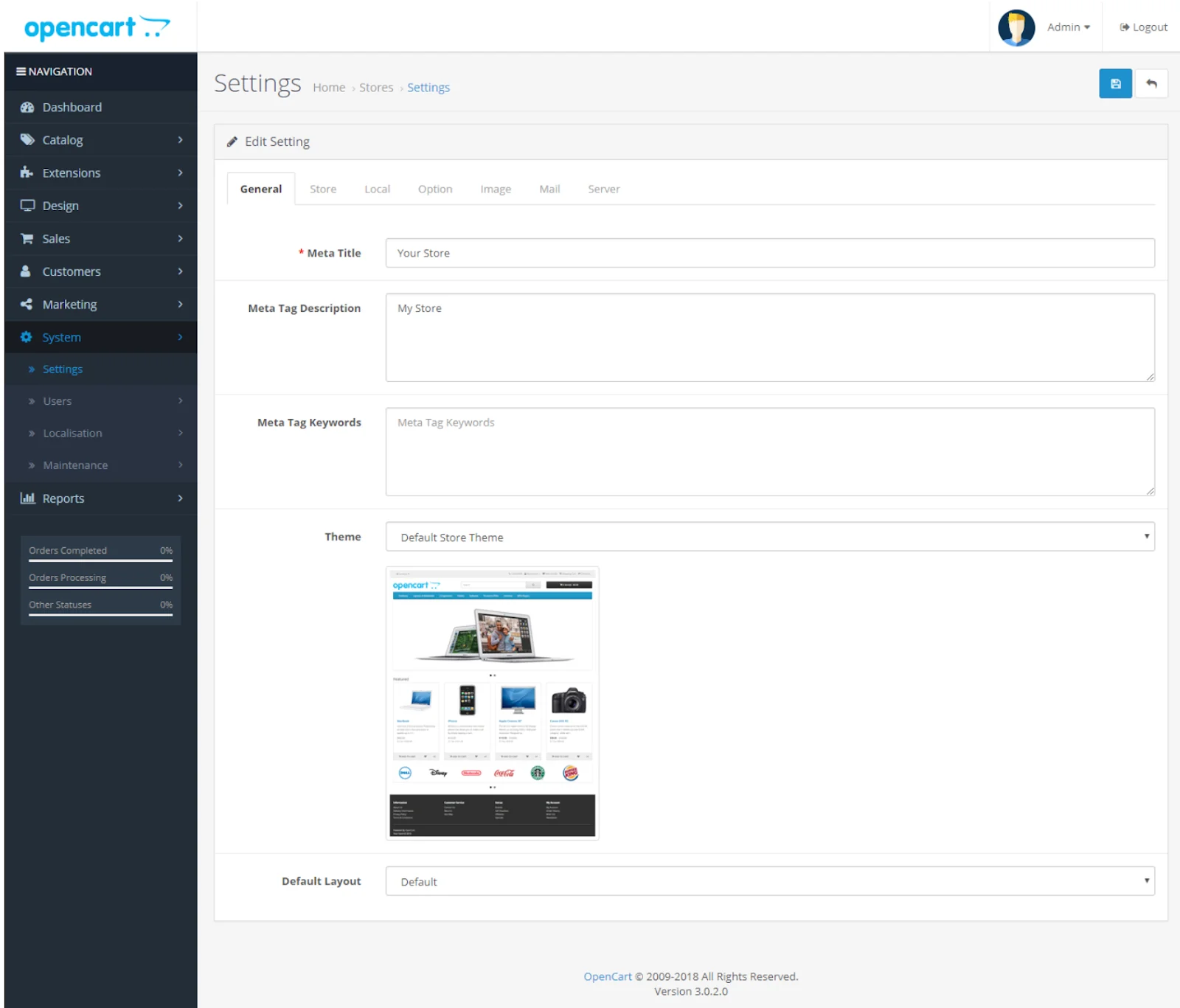 OpenCart settings page showing store meta tags, theme selection, and navigation menu.
