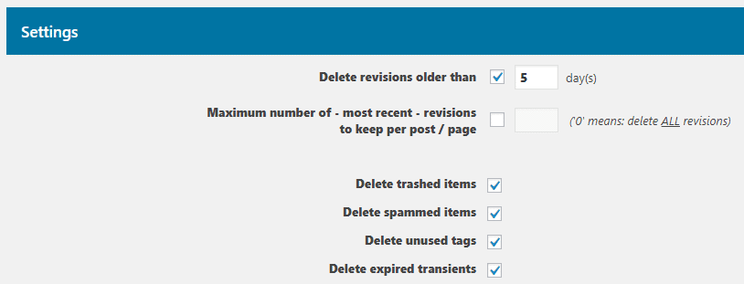 The Optimize Database plugin's settings.