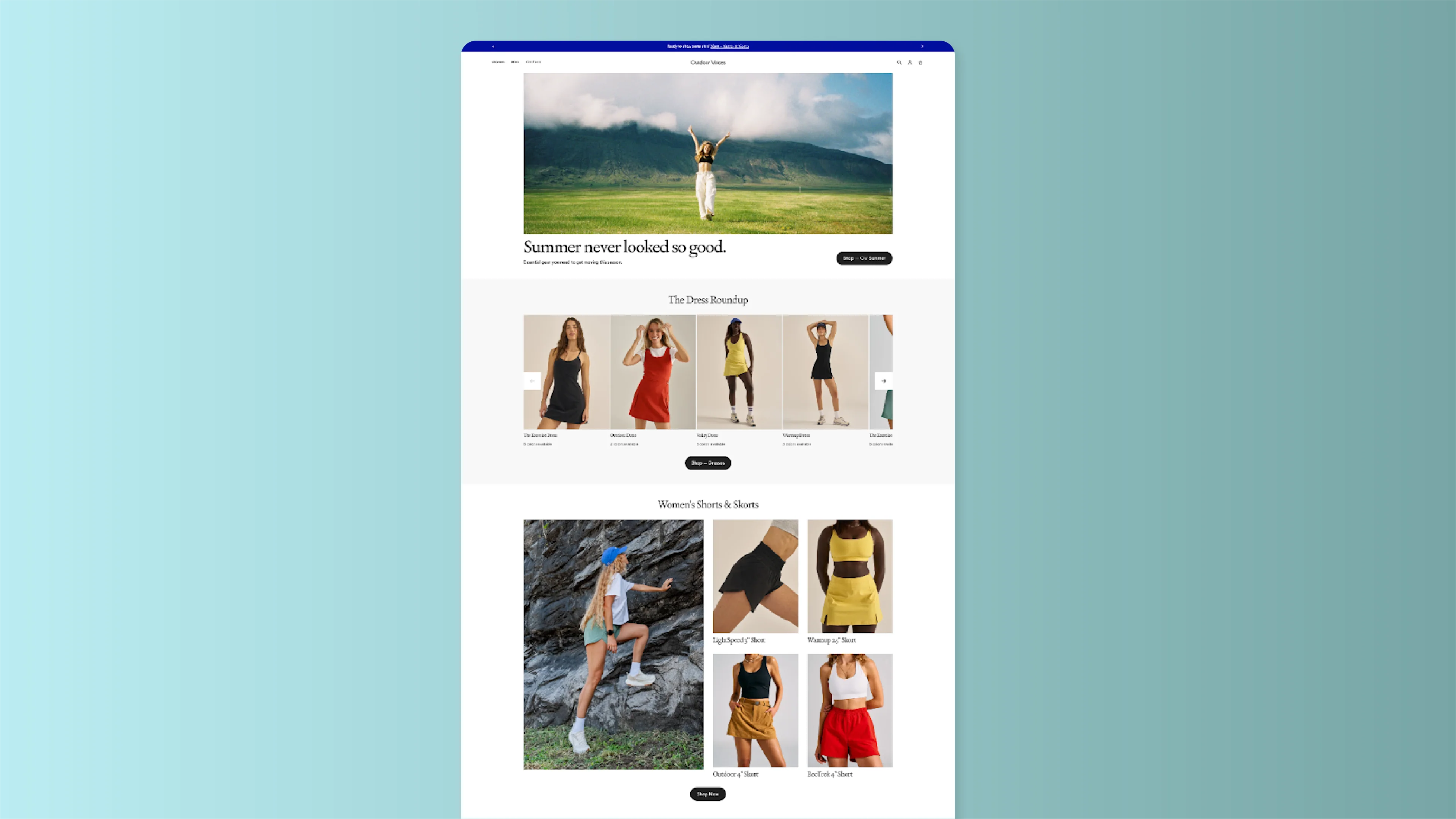 The Outdoor Voices website uses ample white space, simple shapes, and high contrast in its flat design.