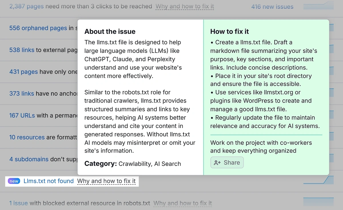 The lack of llms.txt raising an issue in a Semrush site audit