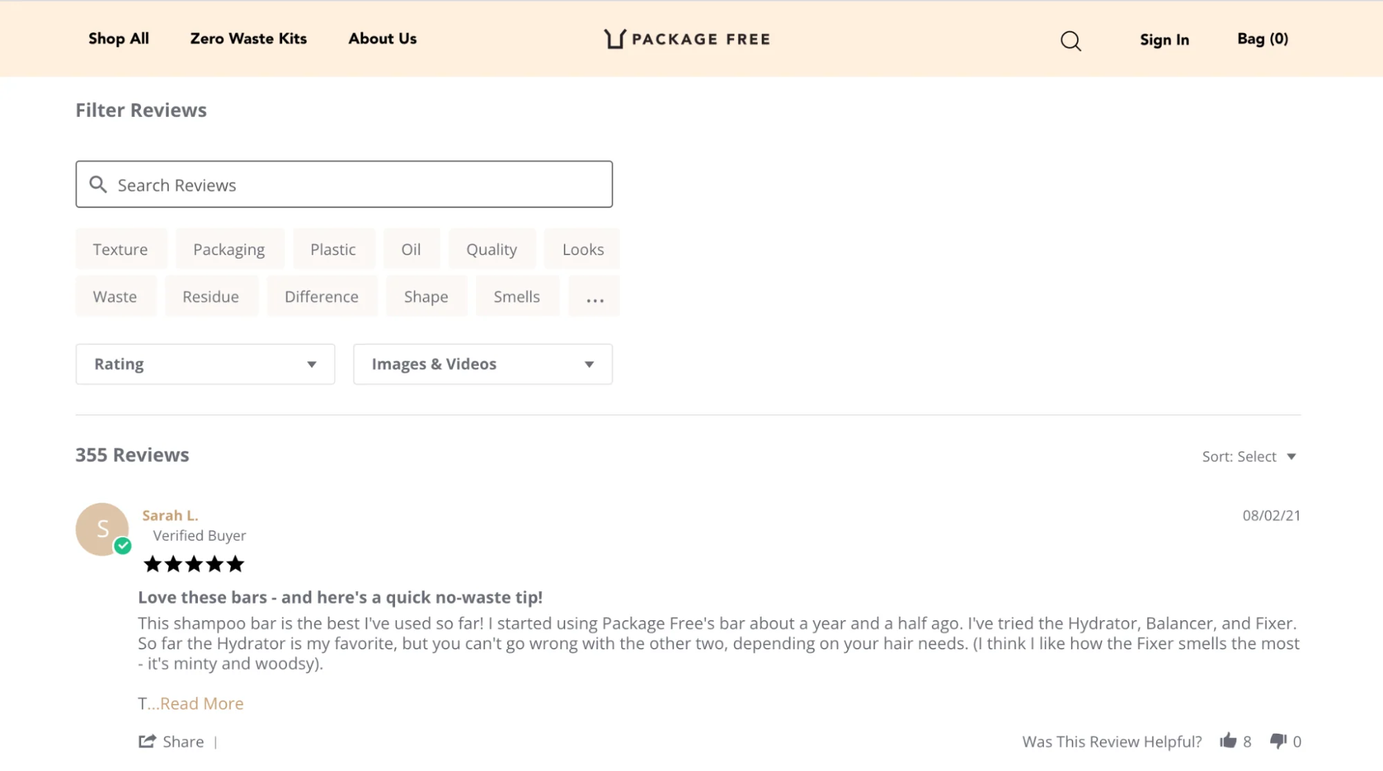 Product review for Package Free shampoo bars with filter options displayed.