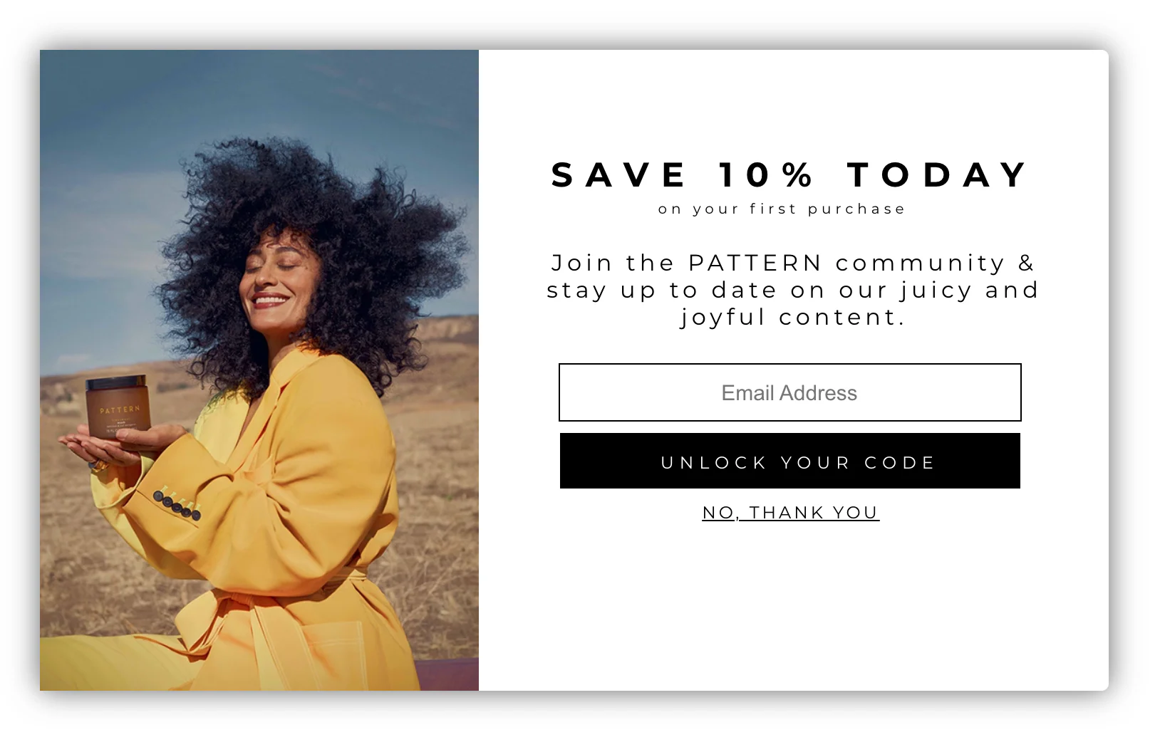 Split screen of a woman smiling and holding a candle and a signup form offering 10% off.
