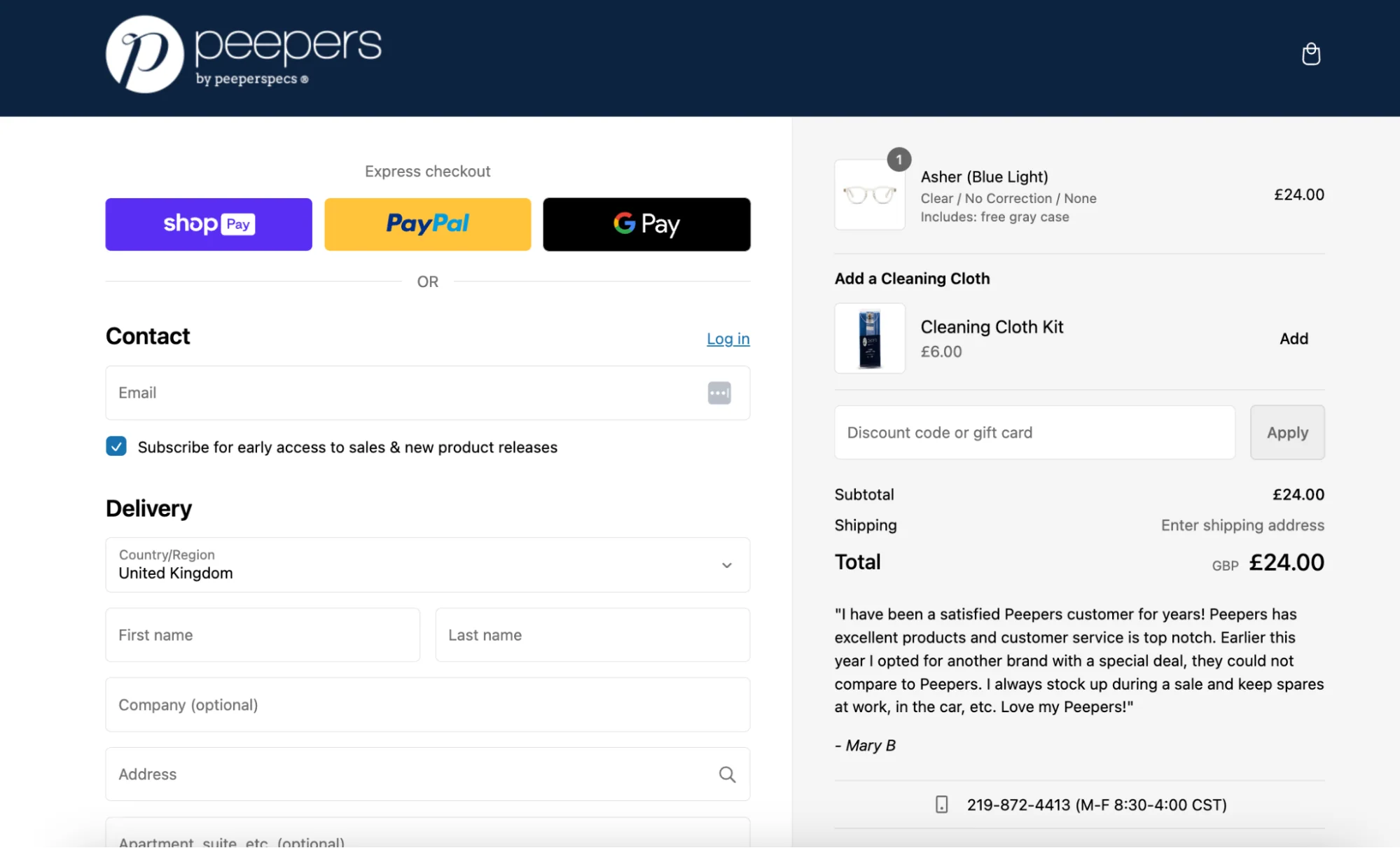 Checkout page for blue light glasses that shows a review from a previous happy customer.