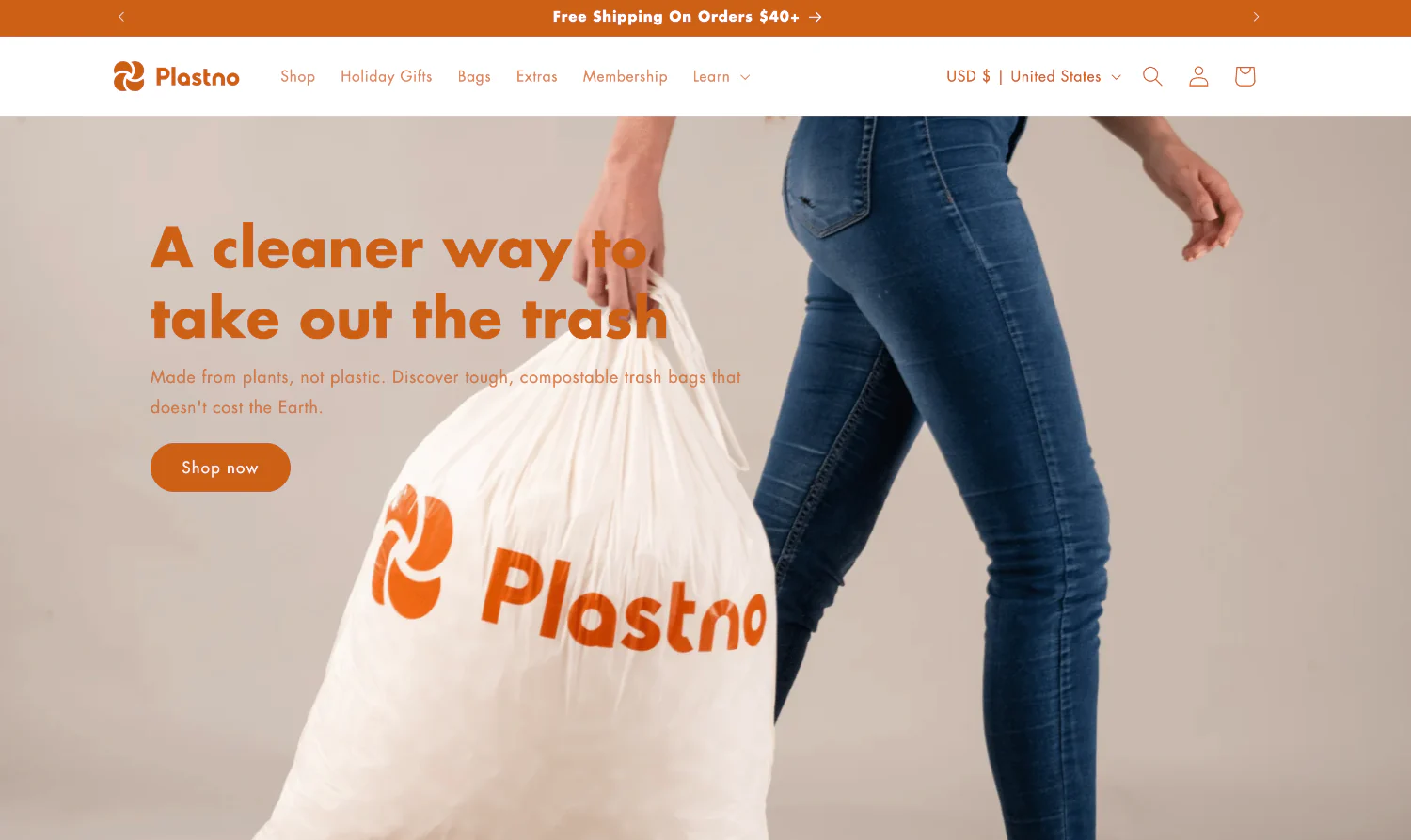 Plastno homepage showcasing compostable trash bags made from plants.