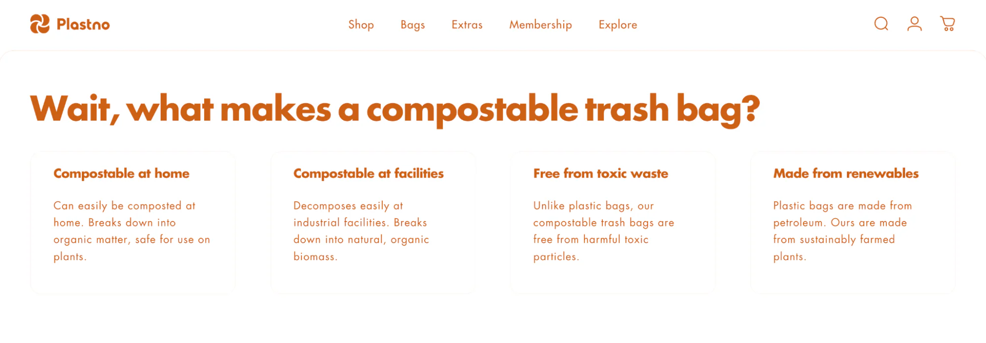 Plastno homepage explains what makes a trash bag compostable.