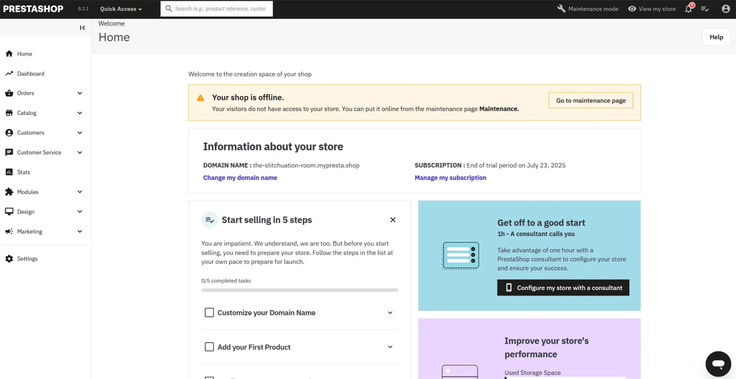 Screenshot of PrestaShop’s main dashboard.
