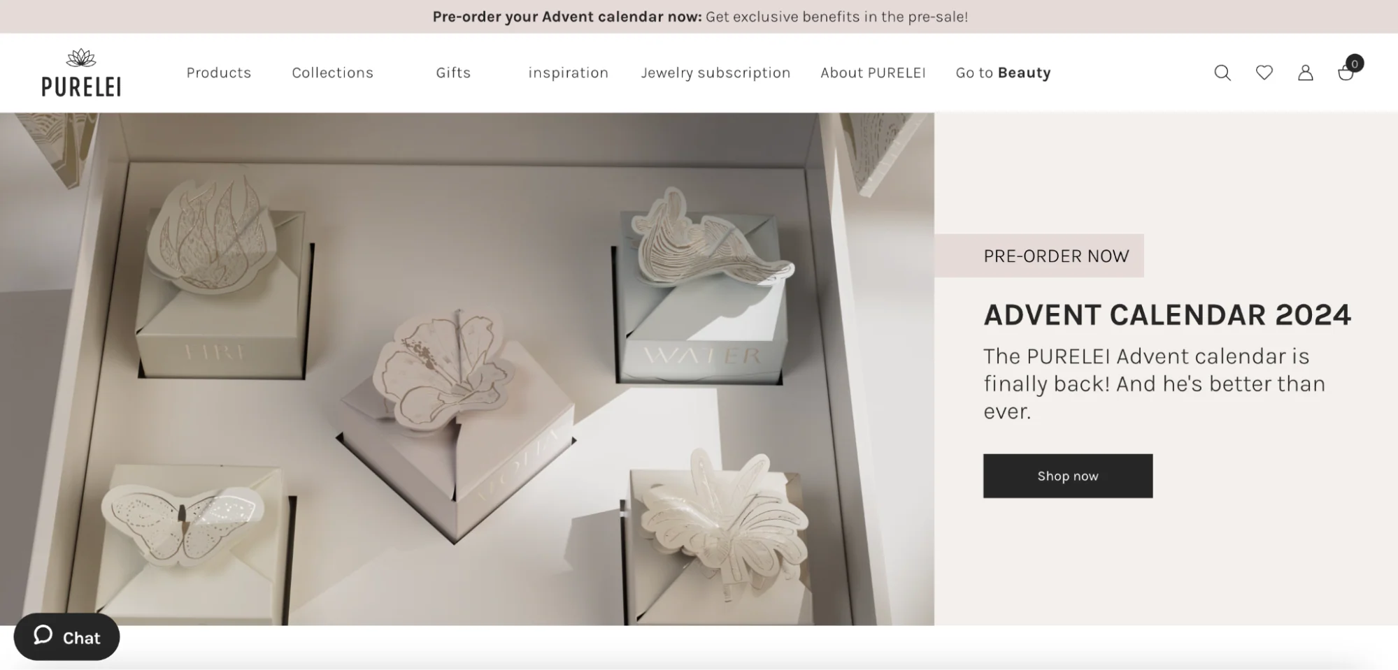 Purelei announces it’s time to preorder its 2024 advent calendar with a CTA button and an image of the elegant packaging.
