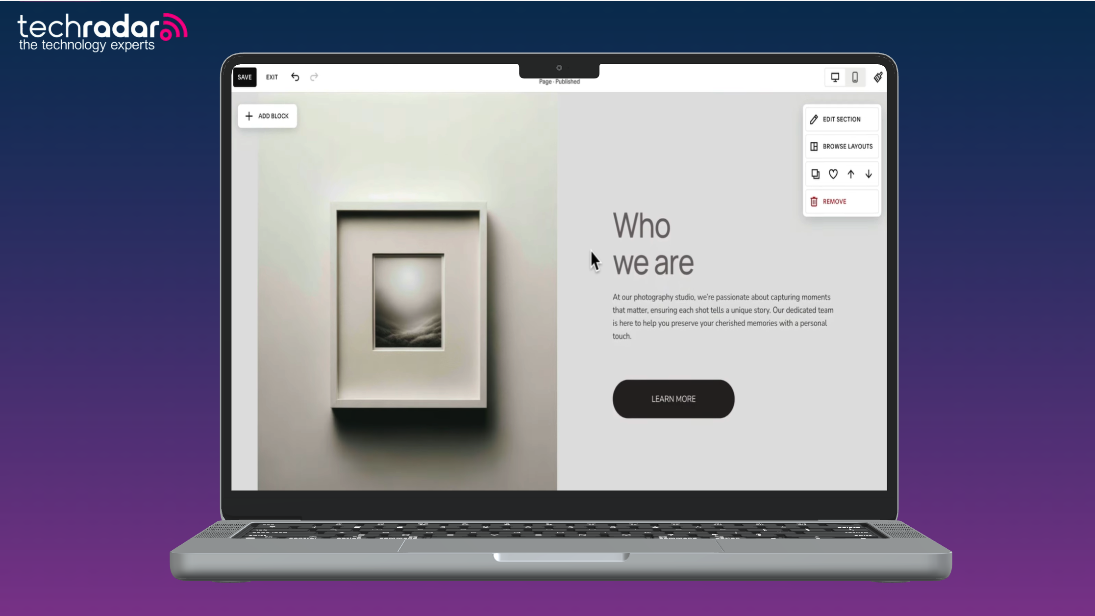 An image of a macbook on a purple background, the Squarespace website builder is being used on mac