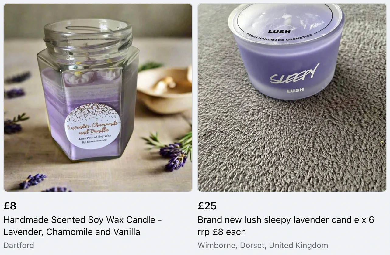 Screenshot of two lavender candles on Facebook Marketplace.