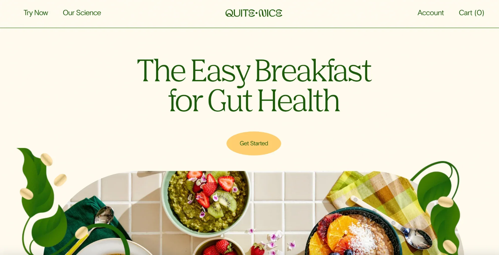 Quite Nice’s homepage has a cream background and a photo of colorful breakfast bowls.