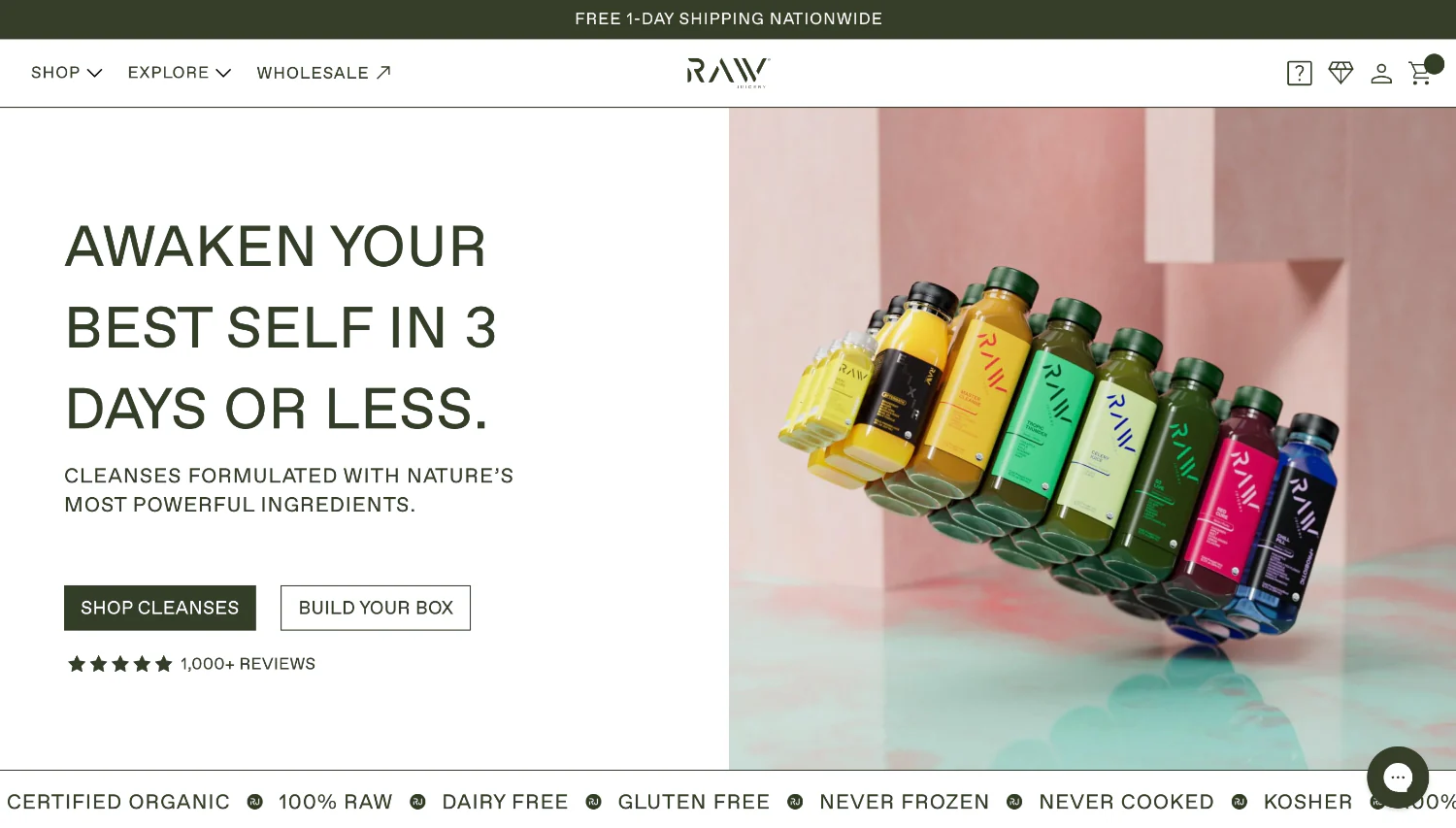 Raw juice cleanse page with floating colorful juice bottles and a promise of quick health benefits.