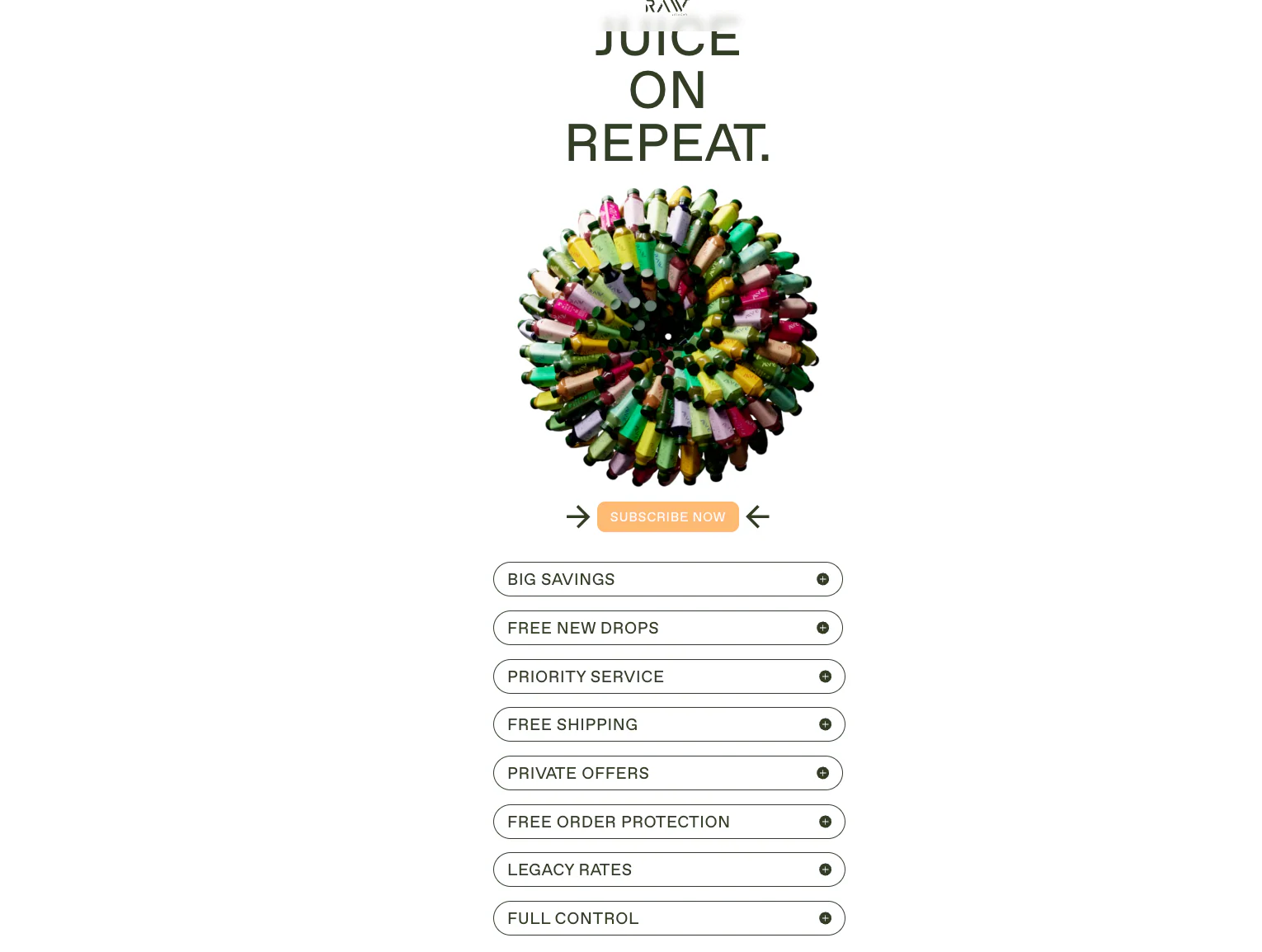 Raw juice homepage detailing the benefits (such as “big savings” and “free new drops” of its subscription service.