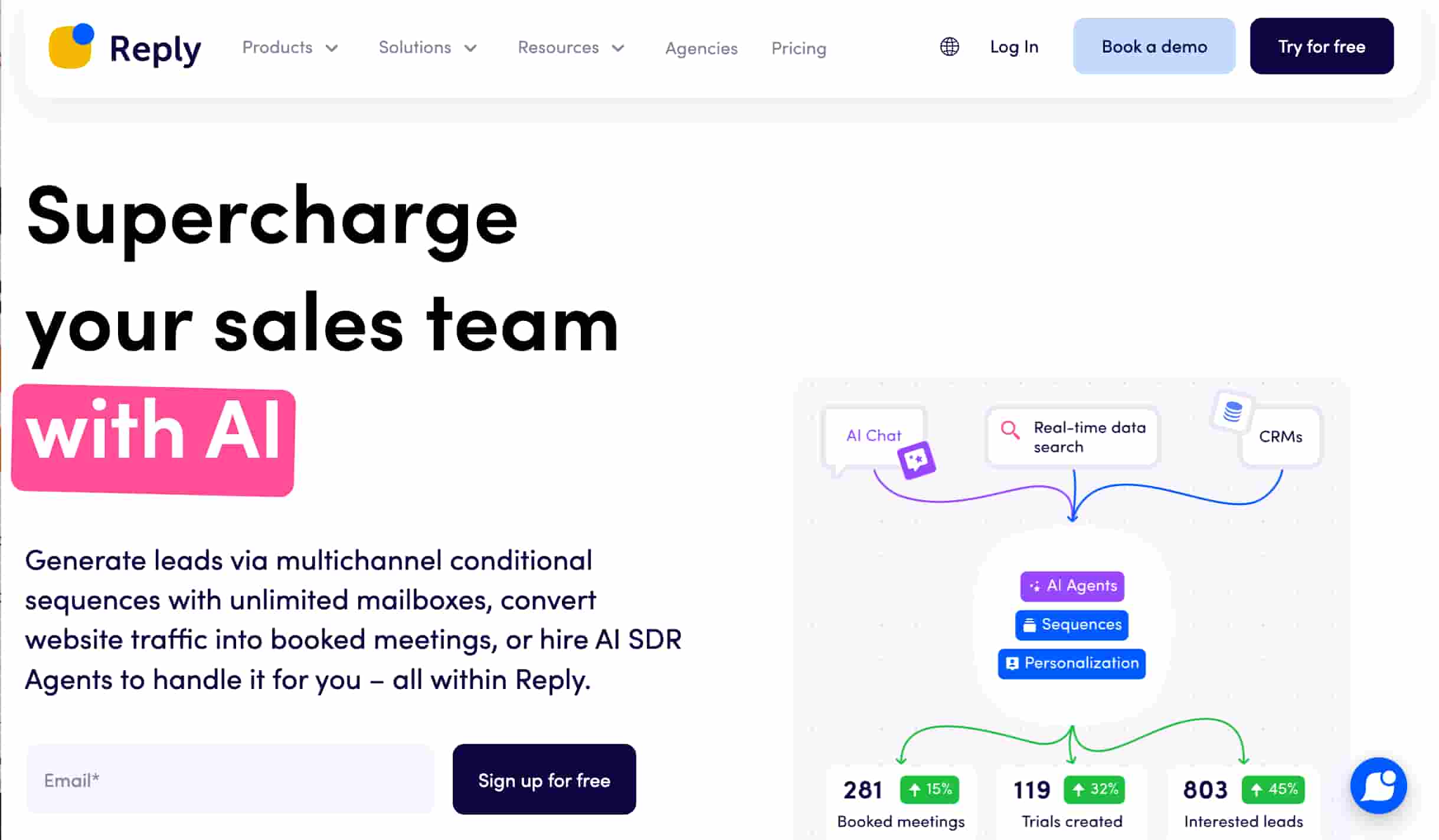 Reply.io webpage showing a menu, product description, interface preview and a trial button.