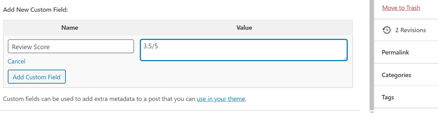 An example of a custom field on the back end.