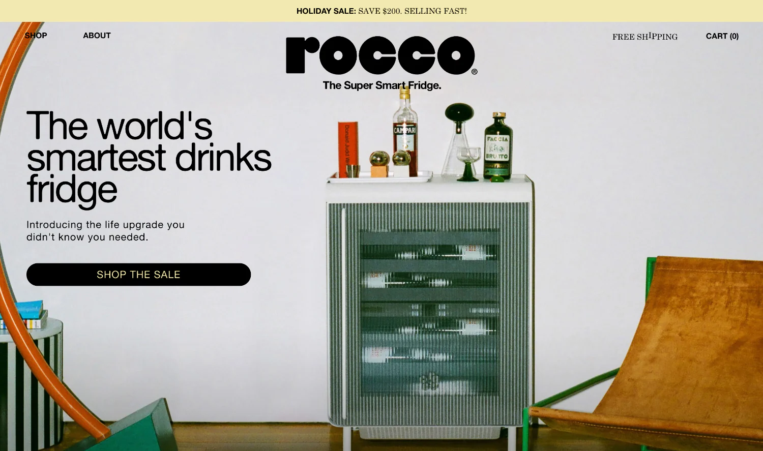 Rocco smart drink fridge homepage showcasing a stylish beverage fridge with bar.
