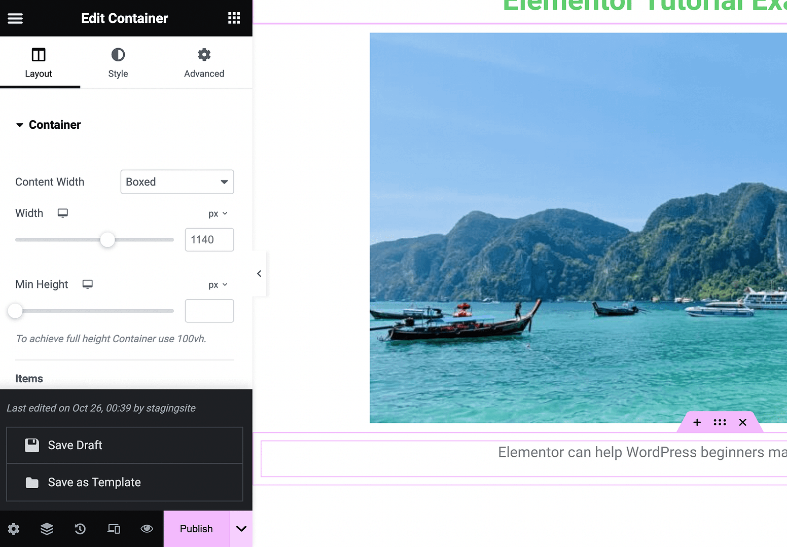 Elementor container settings.