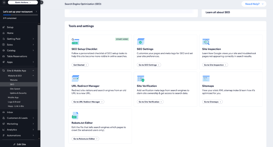 Screenshot of the Wix SEO dashboard.