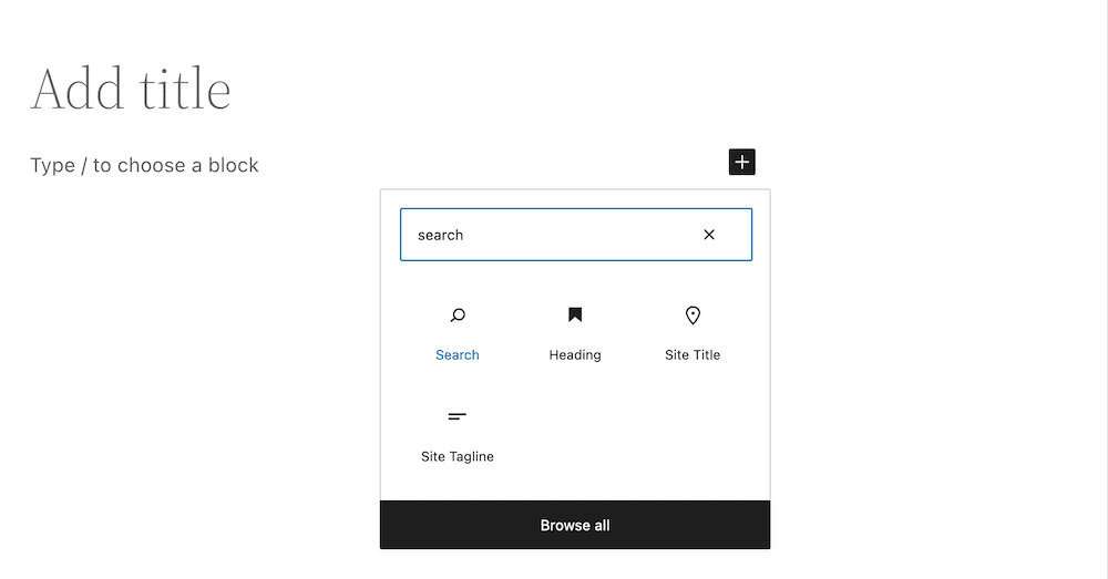 Locating the Ajax Search WordPress Block using the built-in Block Editor functionality.