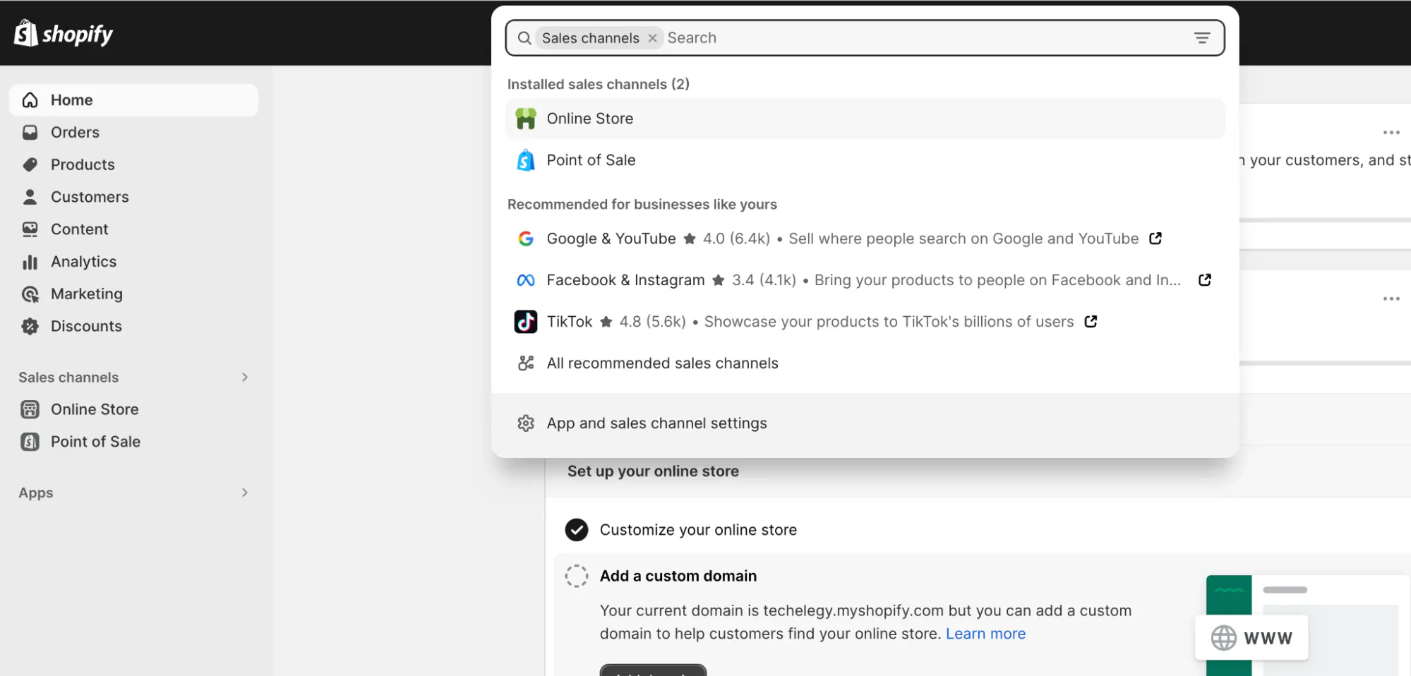 Search function in the Shopify admin showing results for 